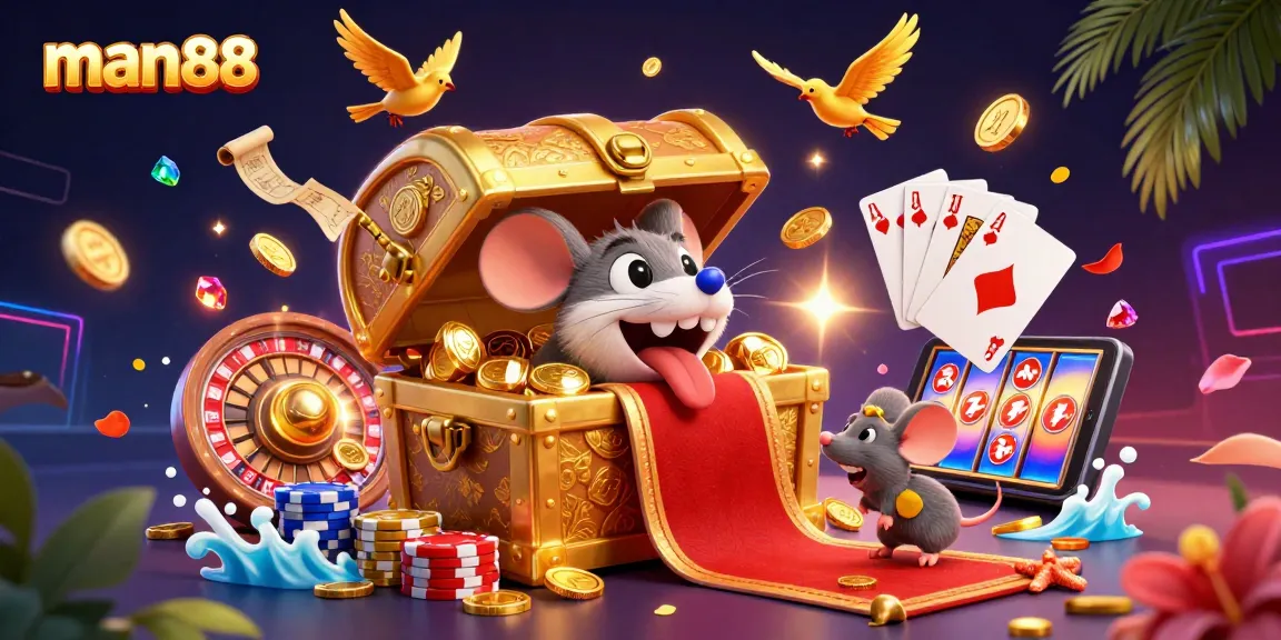 Experience thrilling gameplay at man88, featuring 3D cartoon treasures and vibrant casino elements.