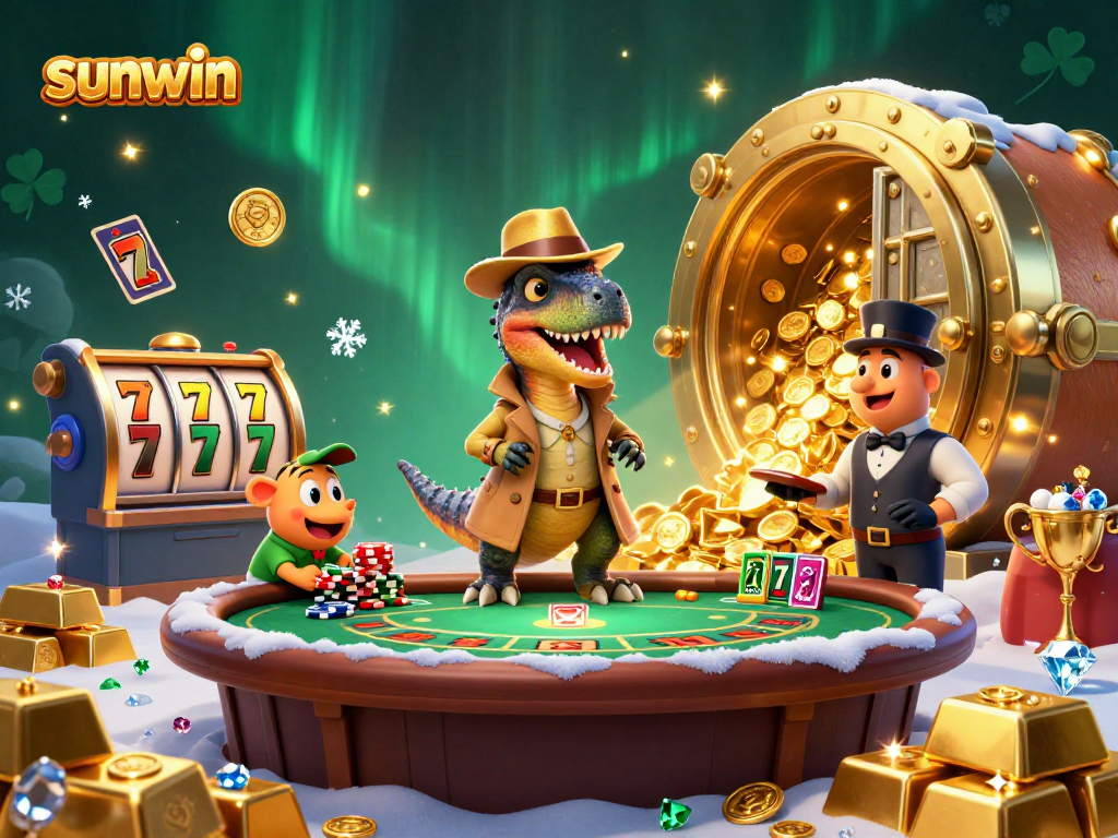 Win big at sunwin with a thrilling casino scene featuring a velociraptor and stegosaurus!