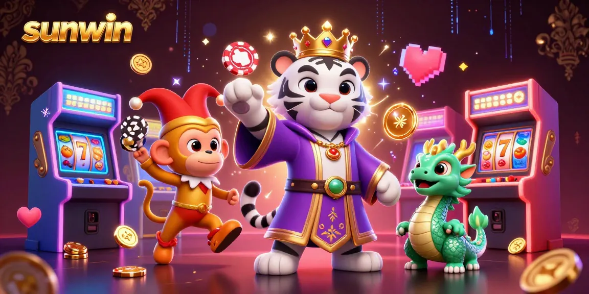 Experience the thrill of sunwin casino, featuring a tiger, monkey, and dragon in a vibrant gaming scene.