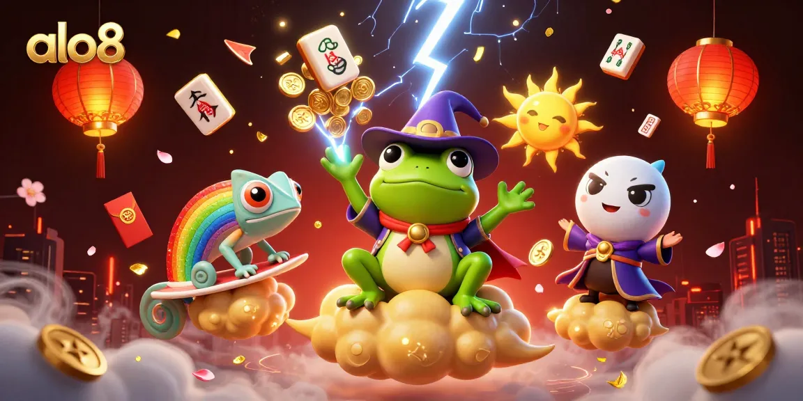 alo8 captures a vibrant storm of gold coins with a weather wizard frog and rainbow chameleon in an exciting gaming scene