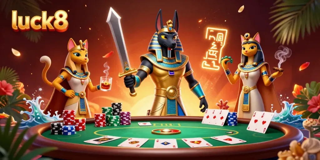 Engage with luck8 at this vibrant casino scene featuring Anubis and Bastet amid rich poker elements.