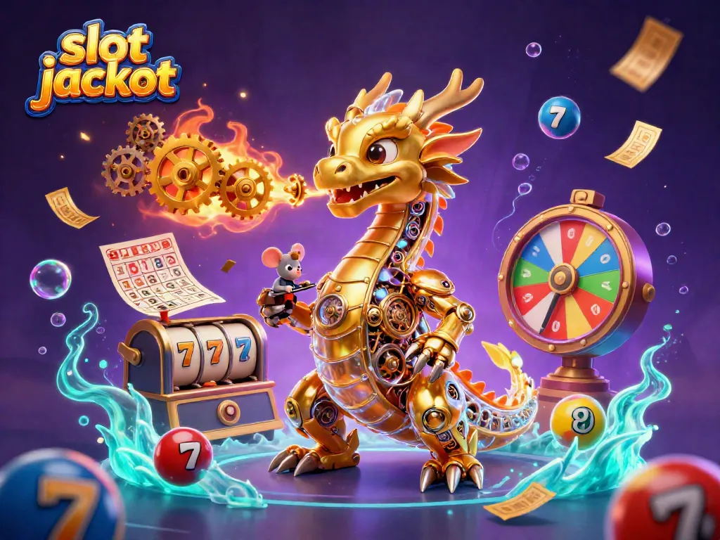 Engaging scene with a slot jackpot theme, featuring a golden dragon and vibrant lottery elements.