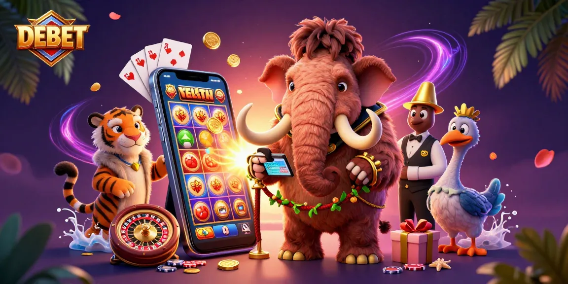 Experience thrilling gaming with DEBET as a woolly mammoth bouncer checks IDs at a vibrant casino.