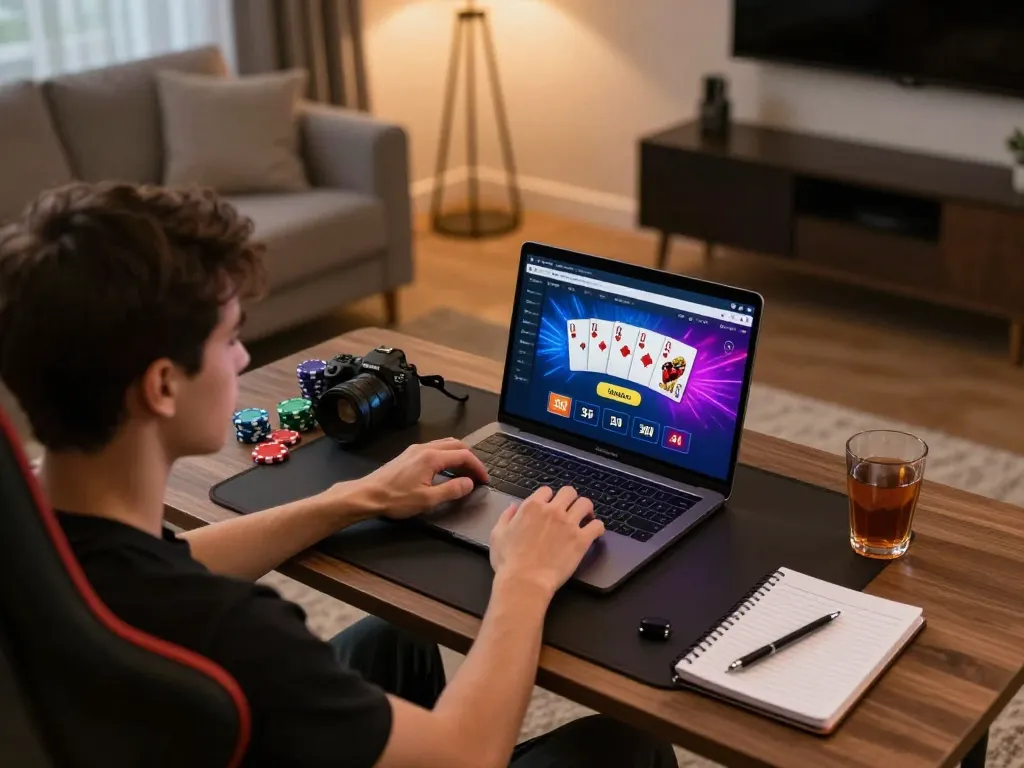 Experience the excitement of an 11bet bet with an engaging online casino setup featuring poker graphics and cozy decor.