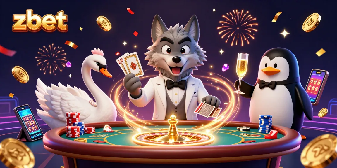 Enjoy thrilling action with zbet as a debonair wolf plays baccarat with an elegant swan and a penguin sommelier.