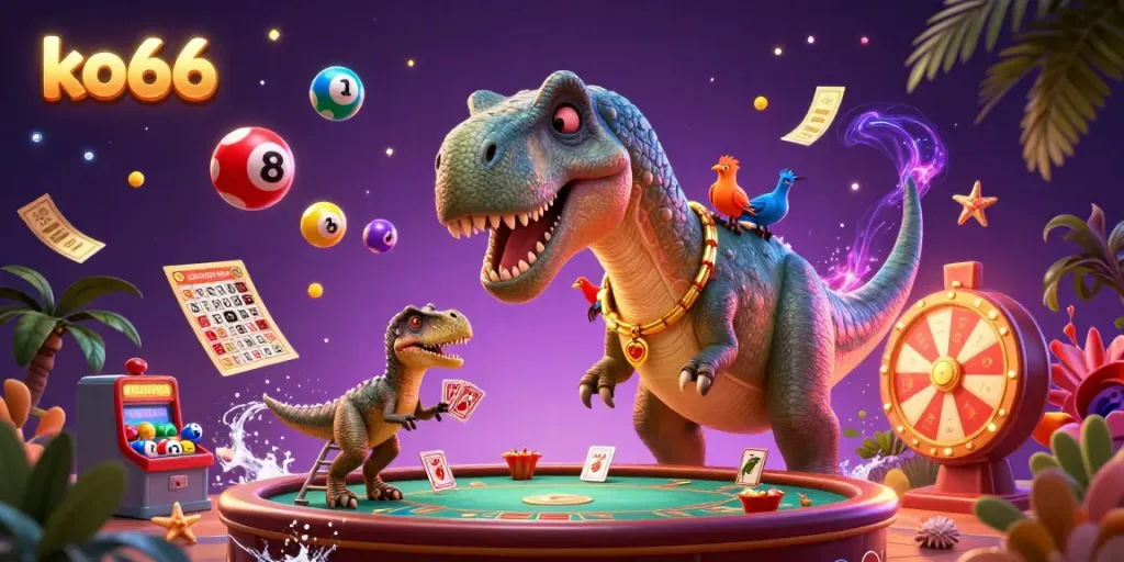 Join the thrilling fun at ko66 with a massive 3D dinosaur overseeing a vibrant casino scene.