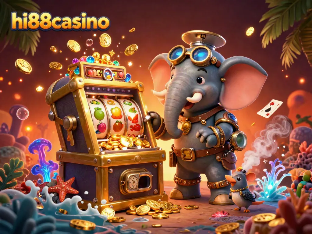hi88casino showcases a steampunk elephant operating a slot machine amid a vibrant, dynamic casino scene.