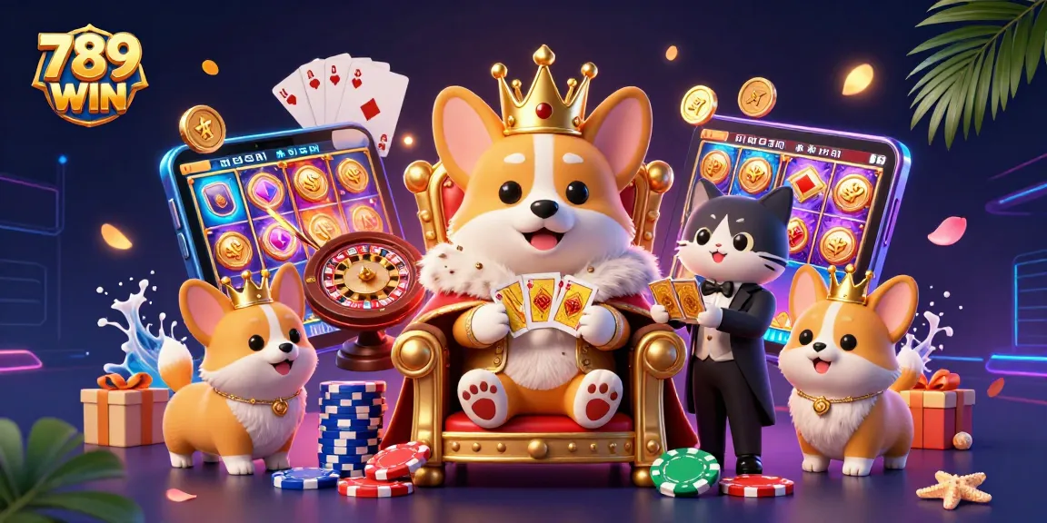 Experience thrilling gaming at 789 WIN with a royal corgi and cat butler amidst casino excitement.