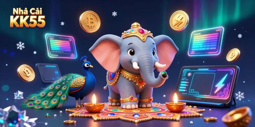 Engage in exciting gaming at Nhà Cái KK55 with vibrant casino elements and colorful characters.