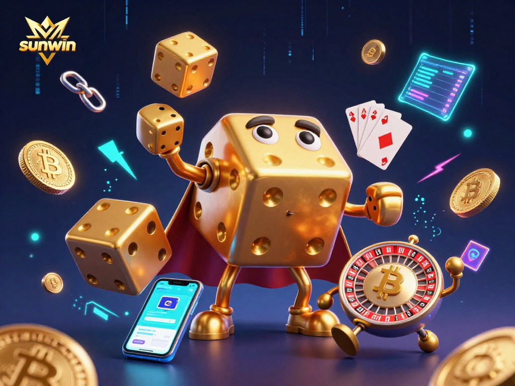 Sunwin ignites excitement in an animated crypto casino scene with golden dice and vibrant coins.