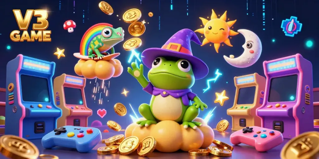 Experience V3 GAME with a vibrant 3D depiction of a wizard frog amidst golden coins and game elements.