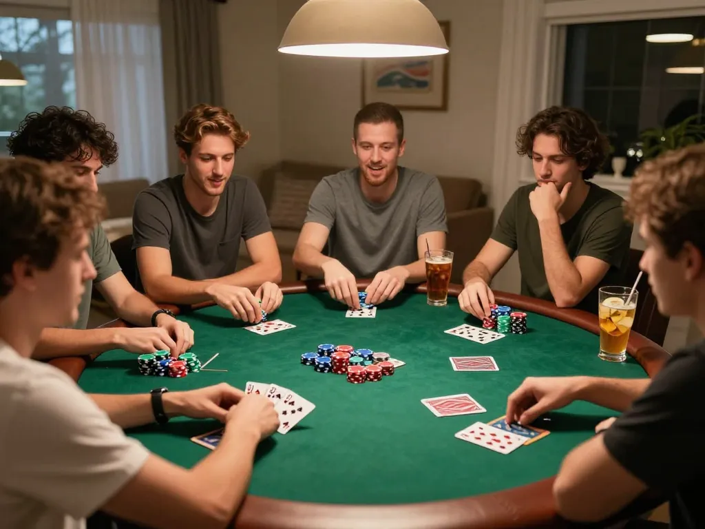 Engaging poker game at home with friends enjoying DU88, colorful chips and cards displayed.