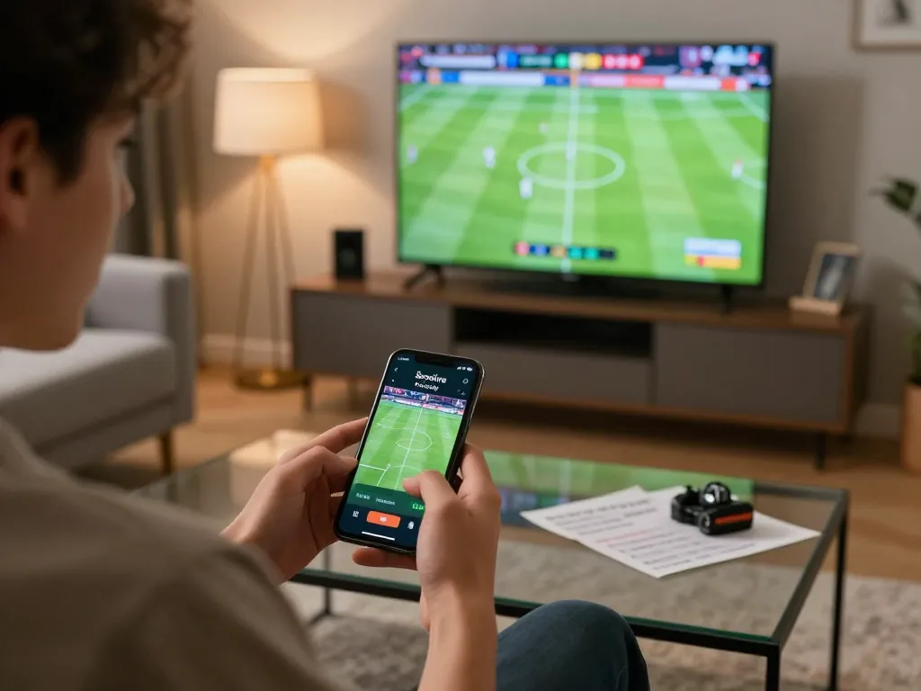 Socolive trực tiếp sports betting at home with excitement, showcasing a live football match on smartphone.