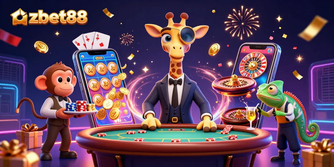 Experience thrilling Casino action with azbet88's vibrant characters and games in a dazzling 3D illustration.