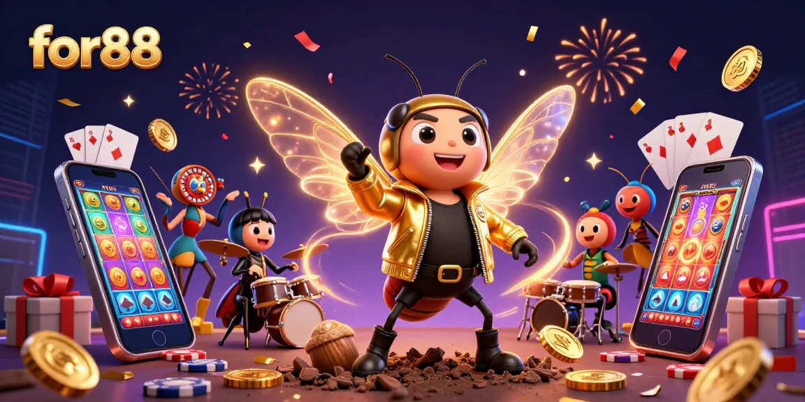 Experience exhilarating wins with for88 as a 3D cartoon cicada rock star leads a vibrant gaming celebration.
