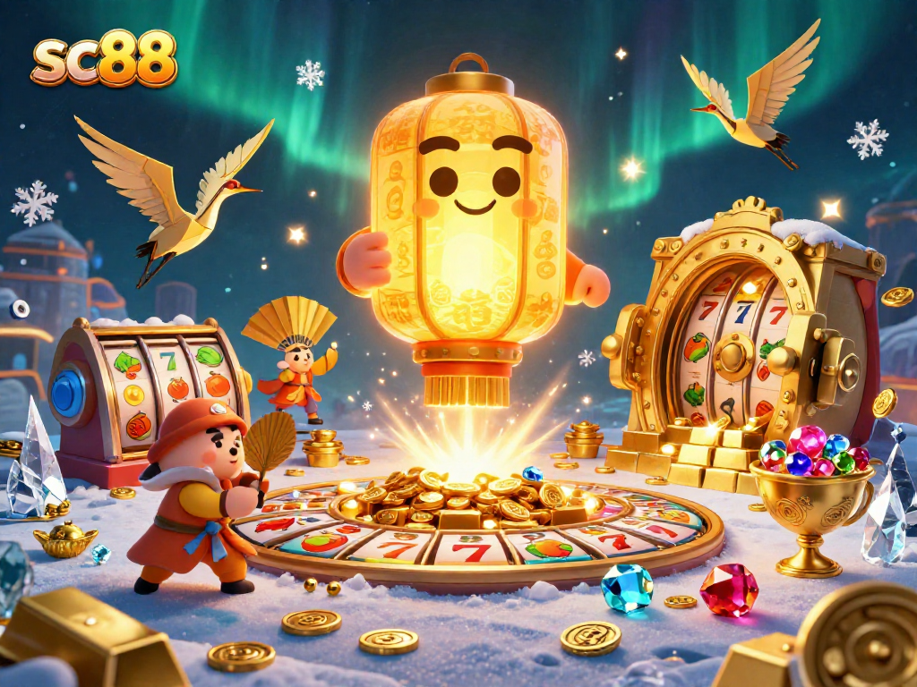 Engage in the vibrant world of sc88 with a delightful 3D casino illustration showcasing exciting slot reels and lucky charms.