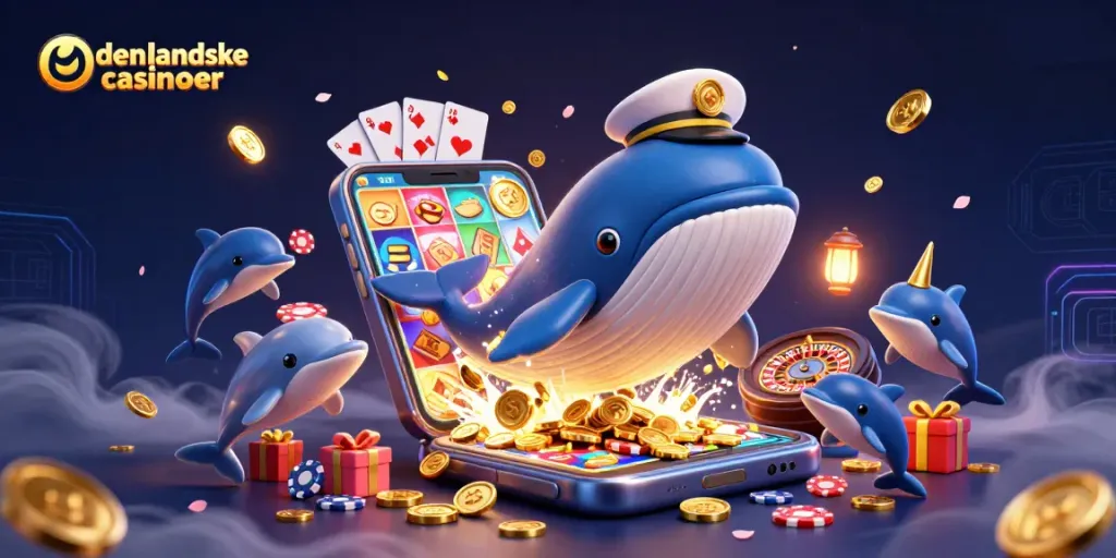 Engage with udenlandske casinoer as a cartoon whale breaches a sea of gold coins with playful dolphins around.
