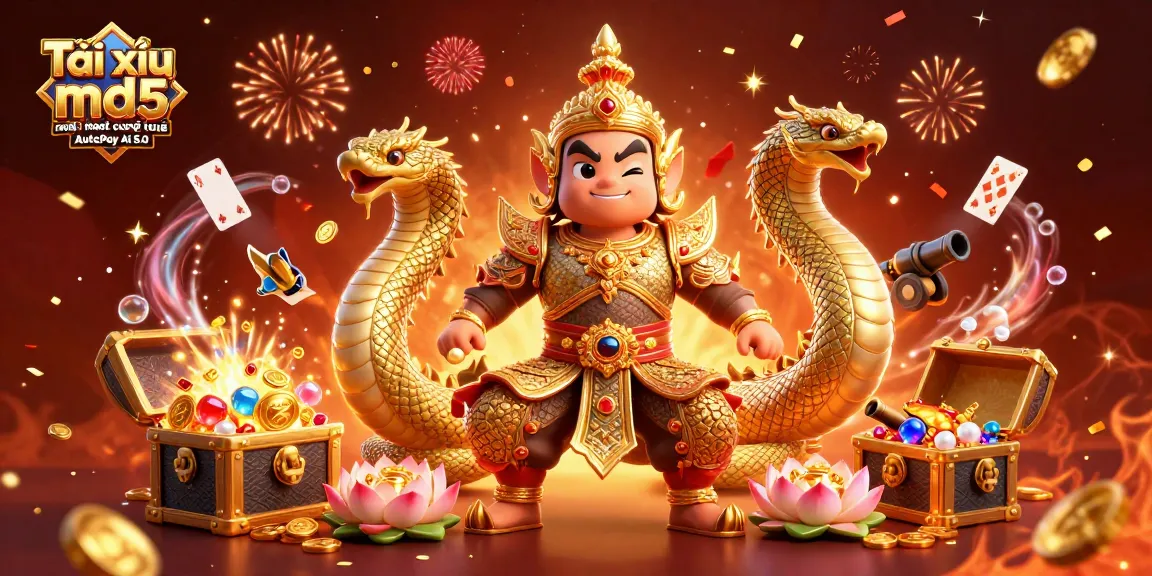 Tài xỉu md5 ra mắt công nghệ AutoPay AI 5.0 showcases a vibrant casino scene with a temple guardian and Naga accompanied by golden elements.