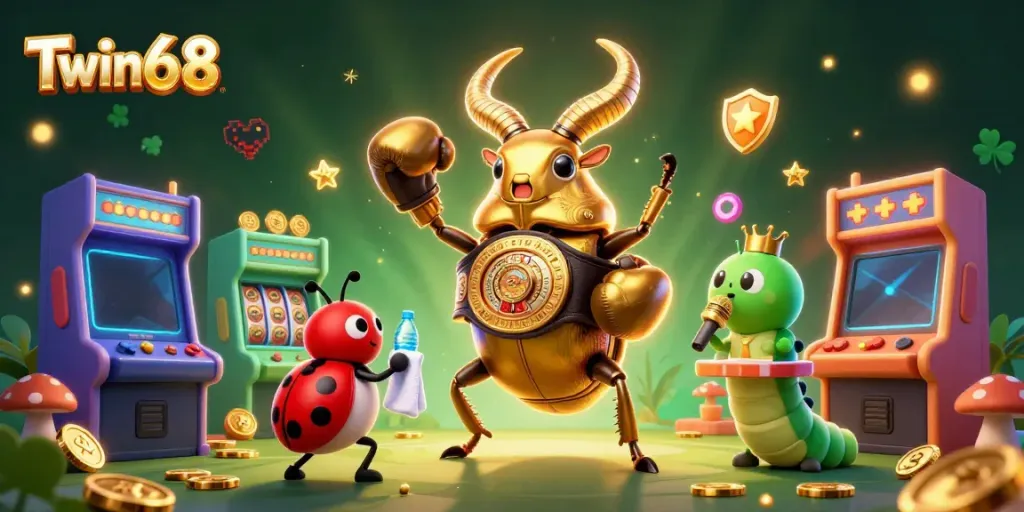 Twin68 showcases an exciting 3D cartoon scene with vibrant arcade elements celebrating casino gaming excitement.