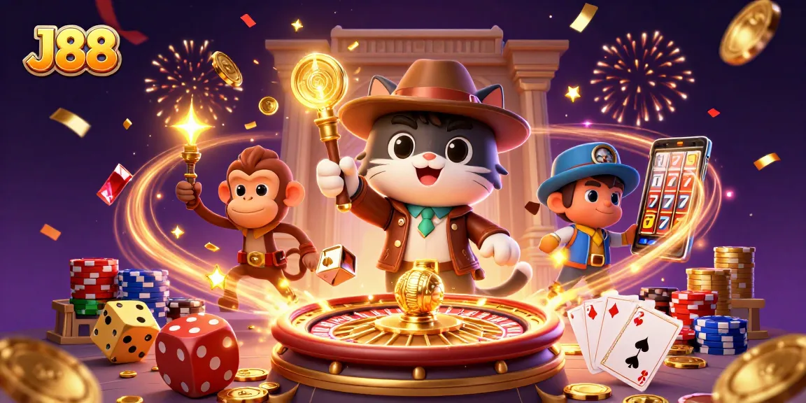 Experience the thrill of J88 casino with cartoon characters amidst dazzling gaming elements.