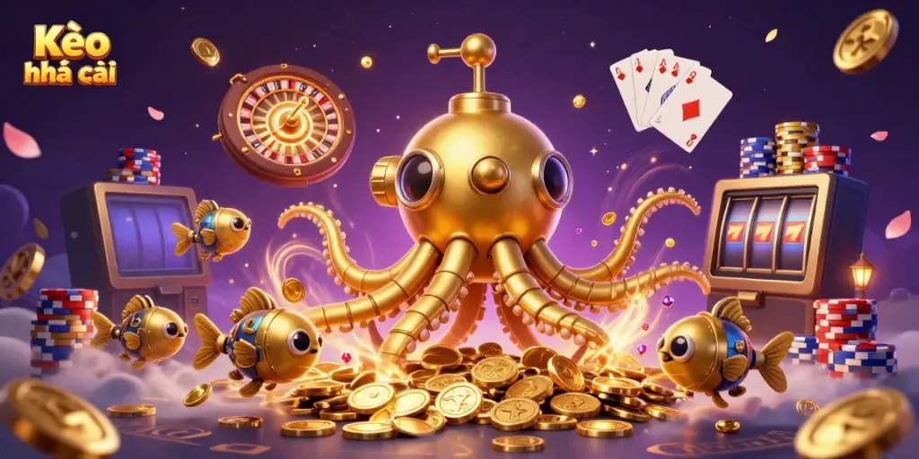 Engage in Kèo nhà cái action with a golden kraken submarine exploring a treasure sea of coins.