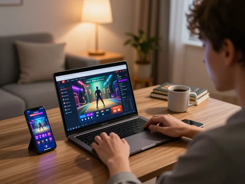 Play poker and slots at home via https://w188.bid/ showcasing online gameplay on laptop and smartphone in cozy setting.