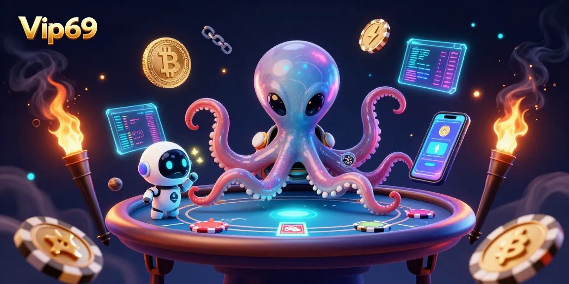 Engage with the thrilling world of Vip69 as a 3D cartoon alien octopus operates a high-tech poker table.