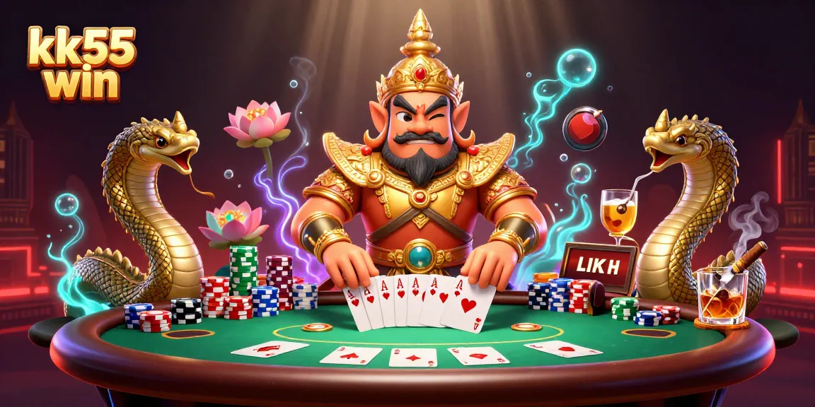 Experience the thrill of kk55 win at a vibrant online poker table with 3D characters and dynamic casino elements.