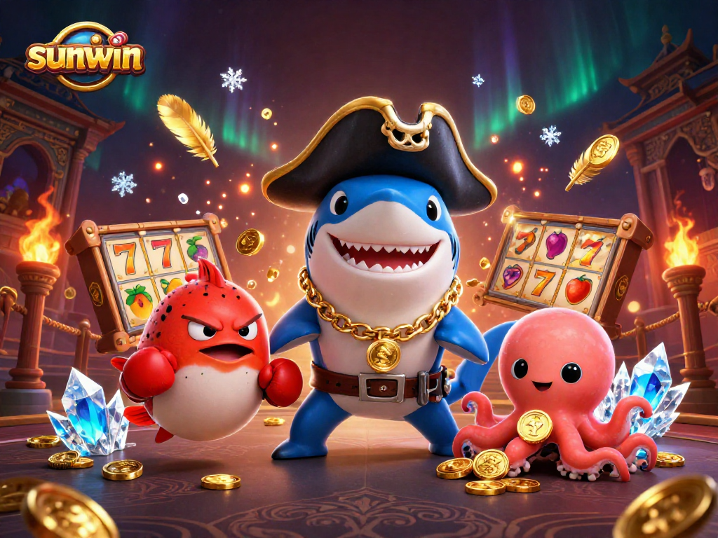 Join the adventure at sunwin with a pirate shark, pufferfish, and octopus in a dynamic casino scene.