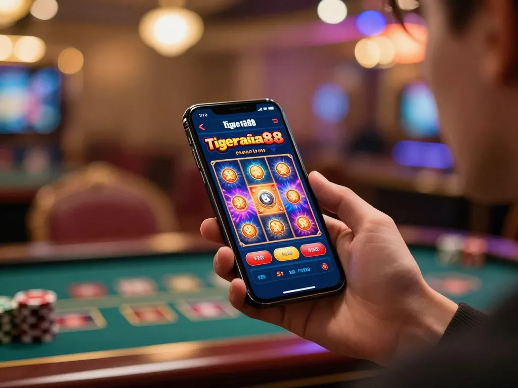 Tigerasia88 site interactive mobile gaming with vibrant smartphone interface displaying exciting slot game.