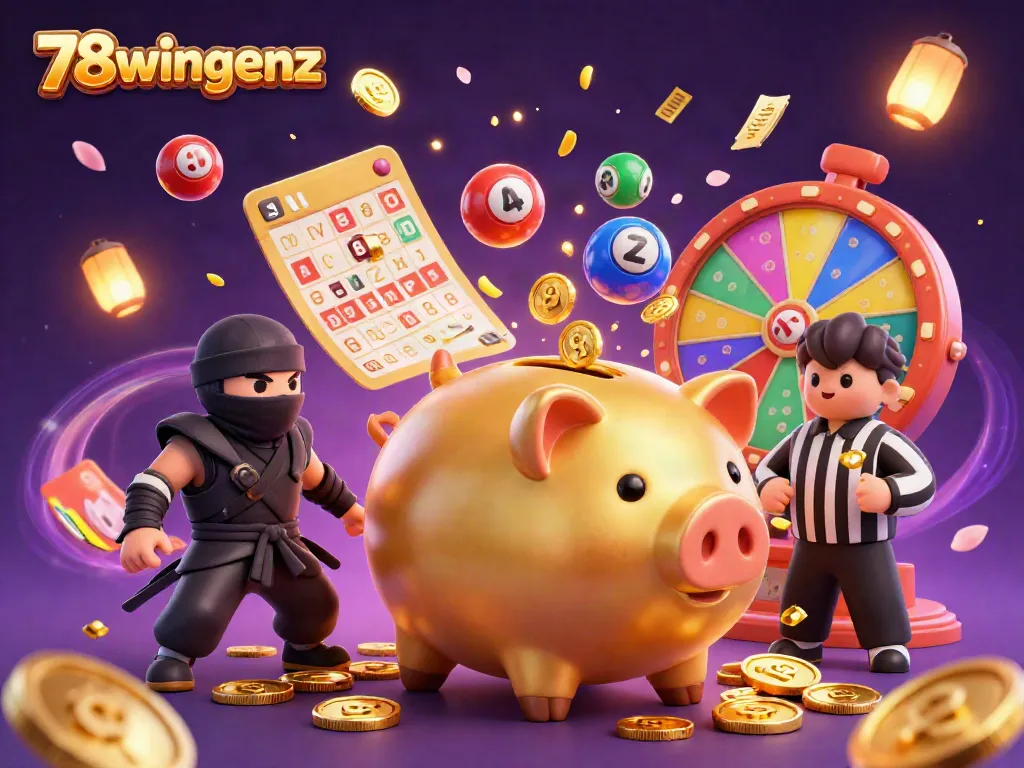 Experience excitement at 78wingenz with a lively scene featuring a sumo wrestler, ninja, and referee amidst colorful casino elements.