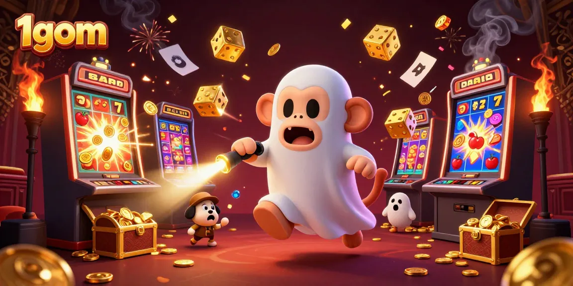 Enjoy thrilling casino action with 1gom as a mischievous poltergeist juggles golden coins and cards in a bustling scene.