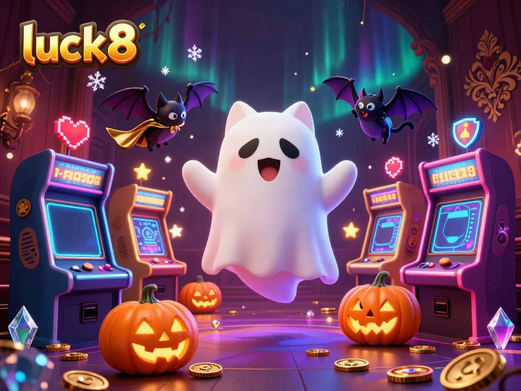 Experience luck8's thrilling casino adventure with a ghost cat and bat in a haunted mansion.