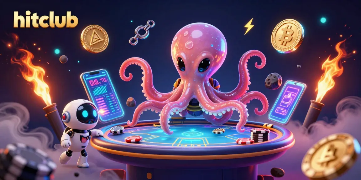 Play at hitclub with an alien octopus mastering a poker table amid colorful crypto elements and orbiting chips.