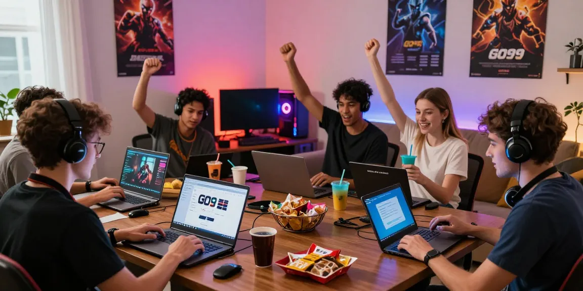 A group playing go99 game on various devices in a lively home gaming setup.