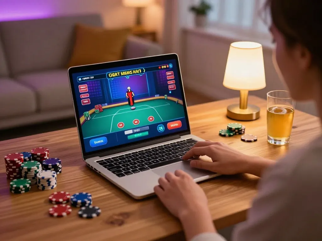 Engaging in a live dealer poker game on a laptop while enjoying the convenience of 79KING.