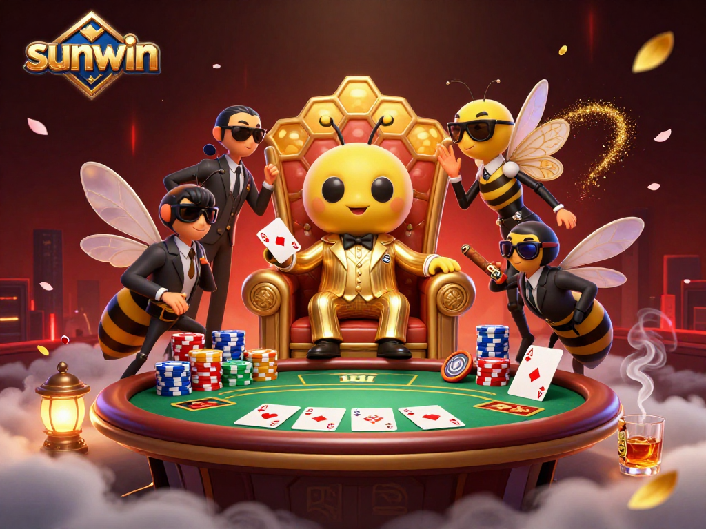 Sunwin captures a vibrant poker scene with a bumblebee mob boss and colorful game elements.