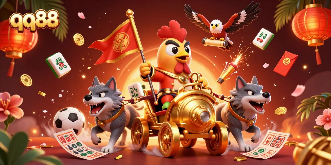 Engage with the thrilling qq88 sports betting experience as a cartoon rooster warlord rides into action.