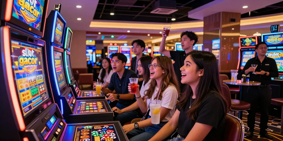 Exciting scene of friends enjoying “slot gacor” at a vibrant casino, showcasing joyful moments and lively atmosphere.