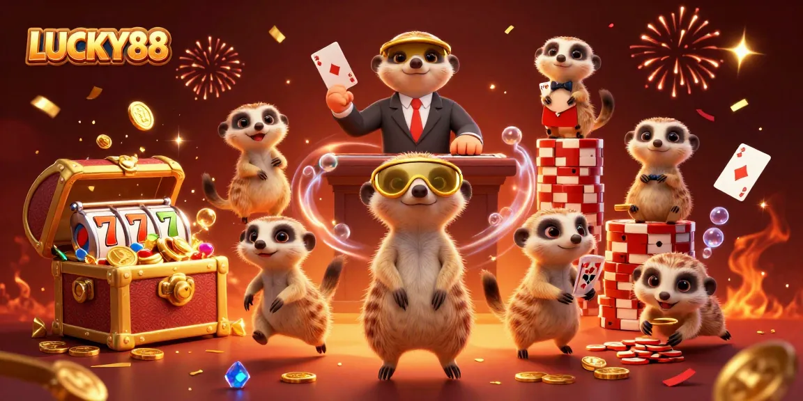 Engage with LUCKY88 slot game action featuring meerkat dealers, gold coins and festive atmosphere.
