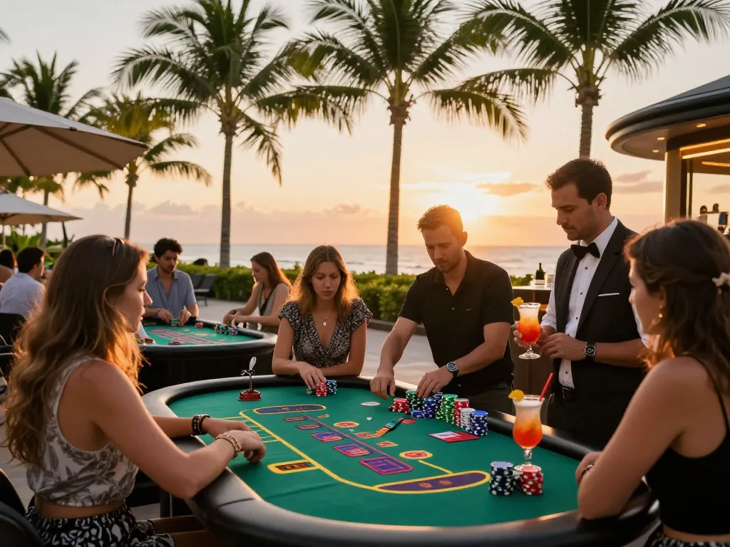 Nohu game tables filled with players in tropical casino, vibrant atmosphere and engaging gameplay