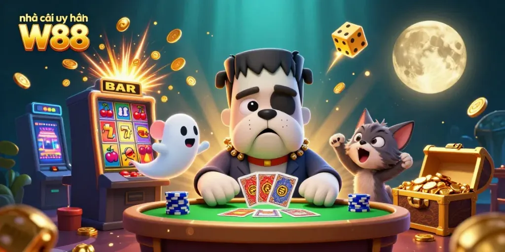 Enjoy thrilling moments with the unique characters from Nhà cái uy tín W88 in this vibrant casino scene.