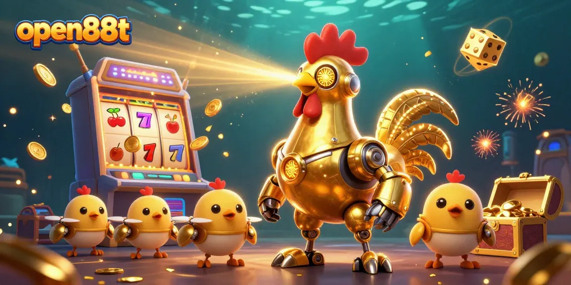 Engage with open88t's vibrant casino world, featuring a whimsical golden rooster robot leading a treasure-filled adventure.