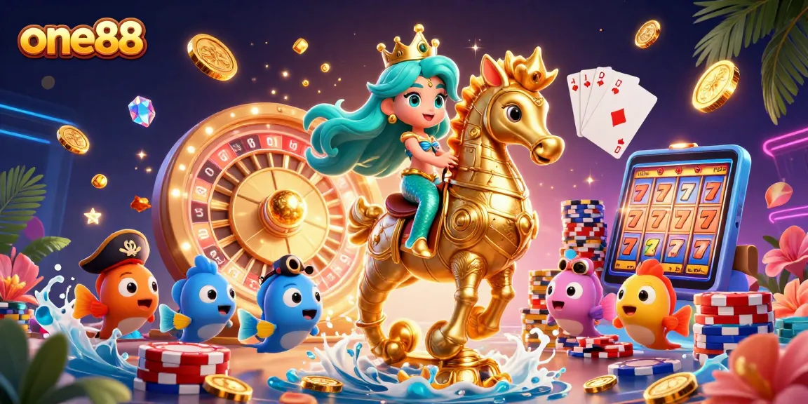 Experience the thrill at one88 with colorful 3D gaming scenes featuring mermaids and casino treasures.