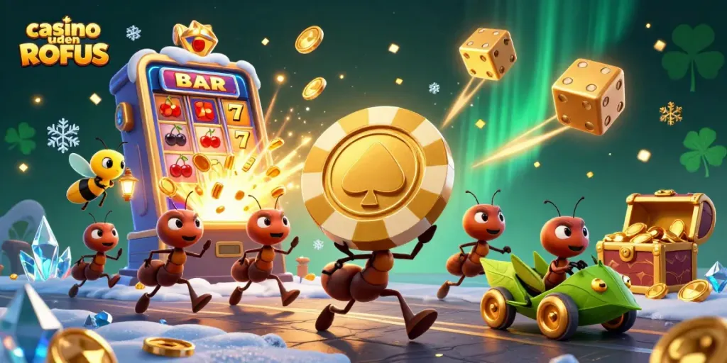 Experience the thrill of casino uden ROFUS with a 3D heist team of ants carrying a giant poker chip.