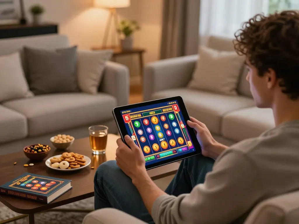 Player enjoying nohuvn slot game on tablet in cozy home atmosphere, showcasing responsible gambling.