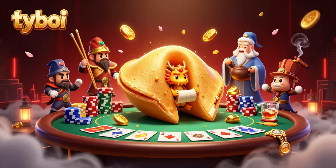 Experience thrilling gaming with tyboi's captivating casino scene featuring a golden fortune cookie and poker action.