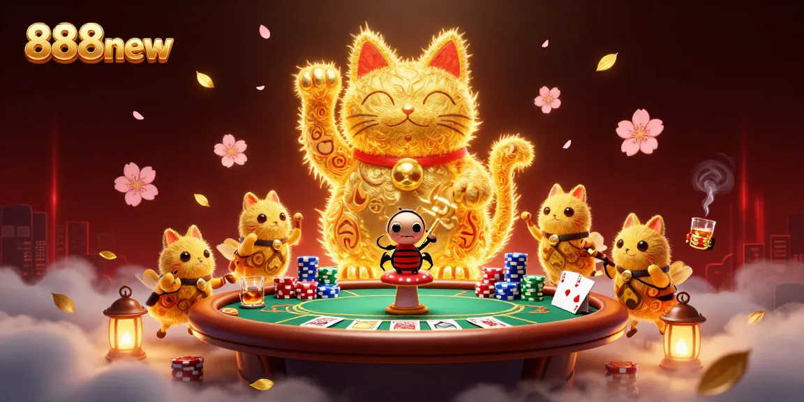 Experience the excitement of 888new at the dynamic casino showcasing a giant lucky cat.