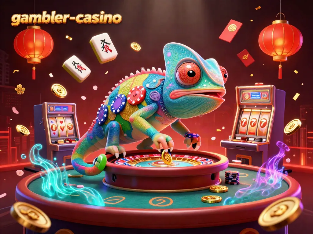 Illustration av gambler-casino med en färgglad kameleont som fångar mynt i en kasino miljö.