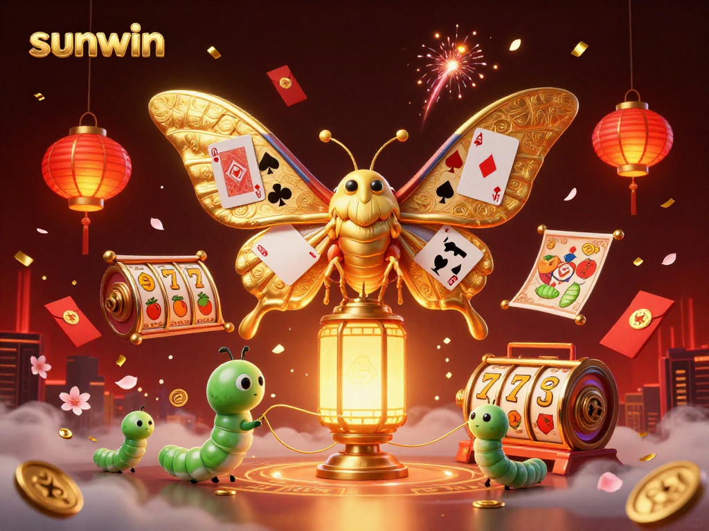 Experience thrilling slots action at sunwin with a vibrant, magical casino scene featuring an atlas moth and lucky symbols.